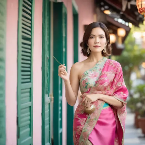 best quality, highres, 8k, masterpiece, photography, detailed midbody photorealistic portrait. Mandy Moore exudes elegance in a fuchsia pink sarong kebaya, intricately embroidered with floral motifs, paired with a vibrant batik wrap skirt. She walks along ...