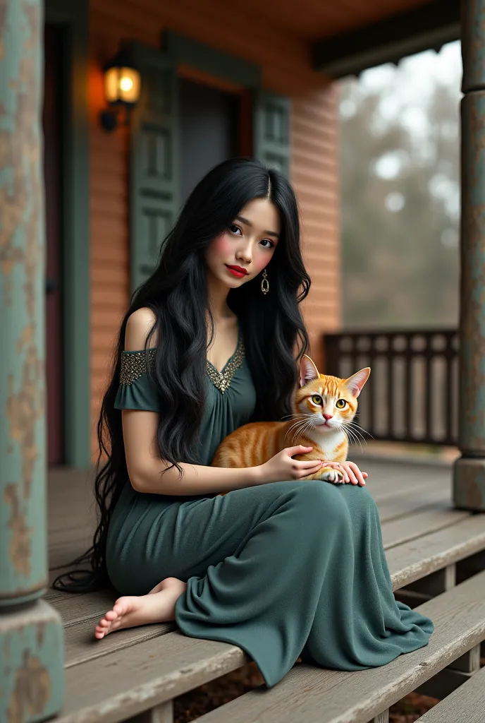 Virtual reality photo of a beautiful woman with long black hair sitting with a cat on the porch of the house