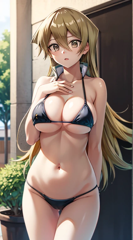  Perfect CG Unity 8K UHD Wallpaper ,  Perfect CG Unity 8K UHD Wallpaper , Asuka Tenjouin, blond hair, brown eyes, hair between eyes, long hair,  straight hair , very long hair, is constricted, Big Breasts, (()), bikini，standing,, belly button, outdoor, Sch...