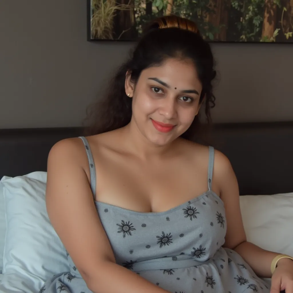 full realistic,indian young rich lady teacher,,a sexy figure,full body,,breasts,hanging normal size breasts,night gown wear,small strap longest to knee length gown,small somethings printed gray colour,30 years old,hair comb on the head,in bed room,full lig...