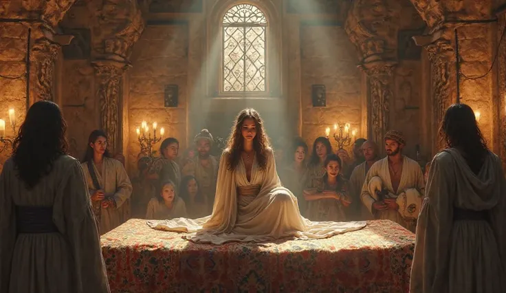 A woman sitting on a bed room in an ancient home in the Bible with people around watching 