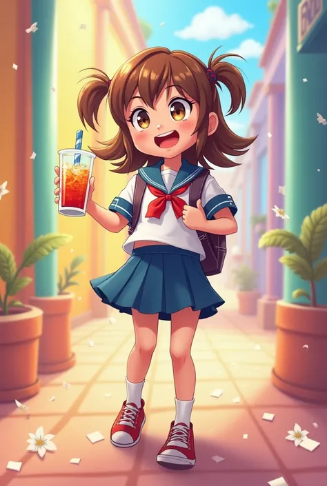  Bright and vibrant colors，A cartoon student， brown hair，Wearing school uniform，Holding a drink in one hand，Look up，