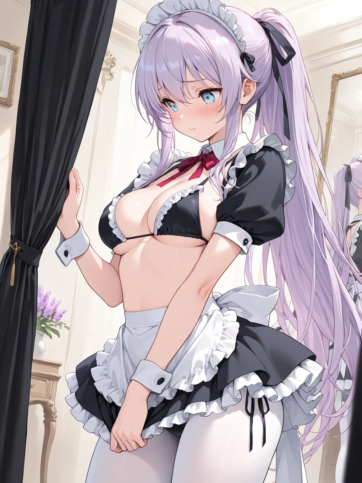 (masterpiece ,best quality, exquisite, ultra-detailed character), 1girl, lilac hair, very long hair, ponytail, hair ribbon, light blue eyes, maid, frills, white pantyhose, embarrassed, holding maid bikini in front, dressing room