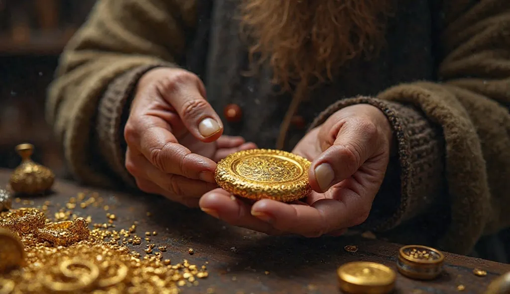 The goldsmith's hand holds a piece of gold that dates back centuries