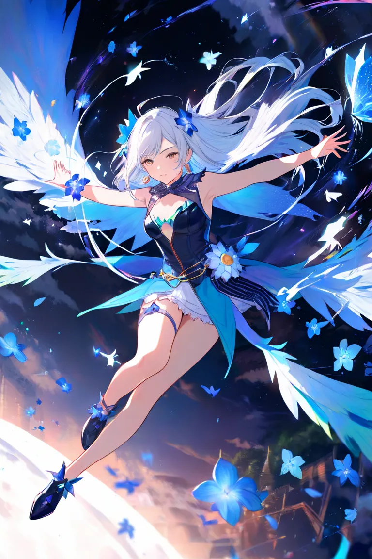 anime girl floating in moonlight like witch with far away town or forest in background has large ward\stuff with white hair and has magic from her ward and there's blue flowers scattered around and flying in air