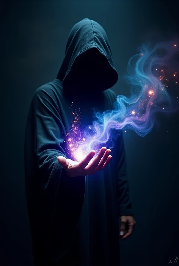 The image shows an enigmatic figure, dressed in a dark and hooded tunic, that seems to be manipulating magical energy. The figure lacks a face, adding an air of mystery. From his hand, emanates a vibrant flow of bright colors including blue, purple, and el...