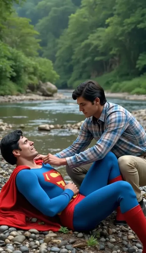   Superman lying on a jungle stream .  They kissed each other  . His reporter boyfriend躺在超人 , Touch Superman's Rib With His Hands.Superman Kisses Journalist Boyfriend..Kissing deeply

superman : [middle aged亞裔男子], [Elegant and fashionable, middle aged, Gen...