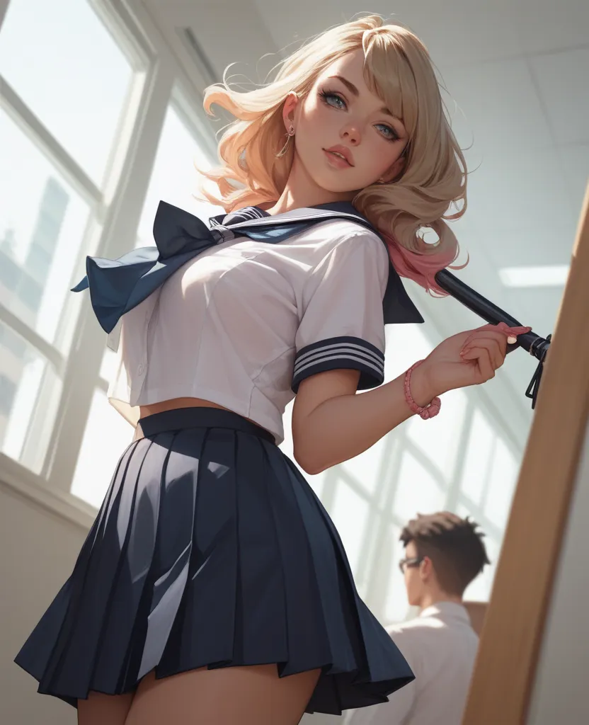 Girl,  angle from the back, in school uniform, art