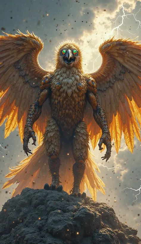 The mod**"A towering hybrid of an eagle and a man stands with immense presence, blending the powerful physique of a muscular warrior with the majestic features of a bird of prey. Its body is covered in sleek, shimmering golden-brown feathers, with massive ...