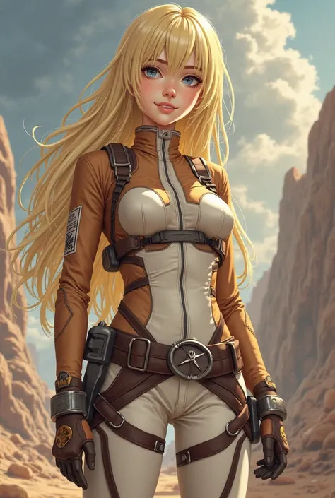 attack on titan style, Average height girl, light blond hair that reaches her waist, slightly thin waist with medium breasts, Heavenly eyes droopy and a bit dark, dressed in the costume of the exploration team 