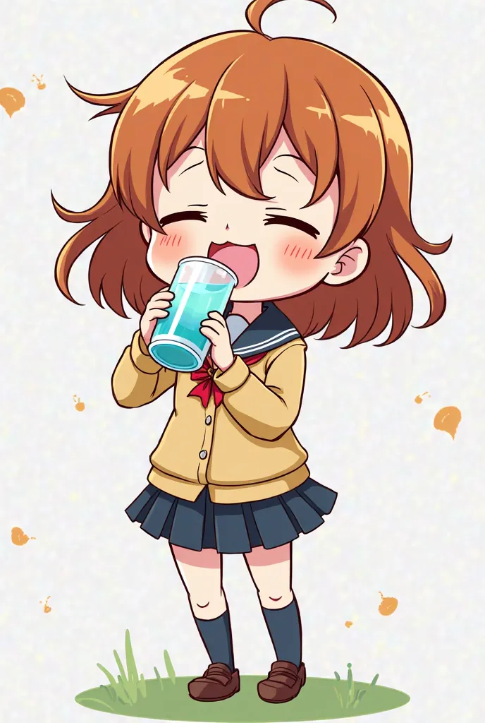 Bright and vibrant colors，A cartoon student， brown hair，Wearing school uniform，Holding a drink in one hand，The act of drinking water with your eyes closed