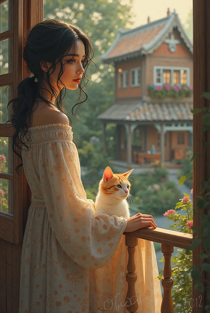 Virtual image of a beautiful woman with black hair sitting with a cat on the balcony of the house