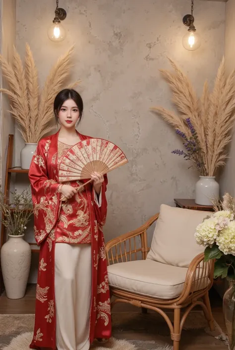 A Chinese Young Couple, Wearing a traditional Chinese wedding dress in red and gold with dragon and phoenix embroidery in red thread, the woman holds a beautiful fan. 
Ultra detail of photography studio with a beige rustic-textured wall, adorned with tower...