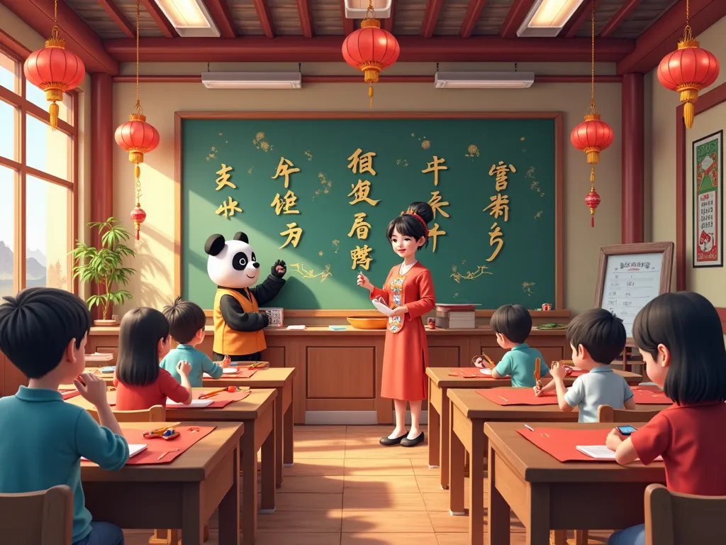 Description of the Chinese Language Classroom Decoration (Mid-Range Shot)
This image showcases a vibrant and engaging Chinese language classroom, where ren are actively learning in an atmosphere that blends tradition with modern educational elements.

1. C...