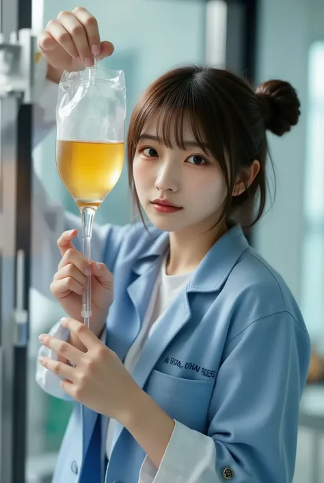 "A dedicated nurse carefully prepares an IV infusion in a modern hospital setting. The nurse wears a clean light blue uniform with her dark hair neatly tied back. The nurse holds up a yellow IV bag to check the fluid, her expression focused and professiona...