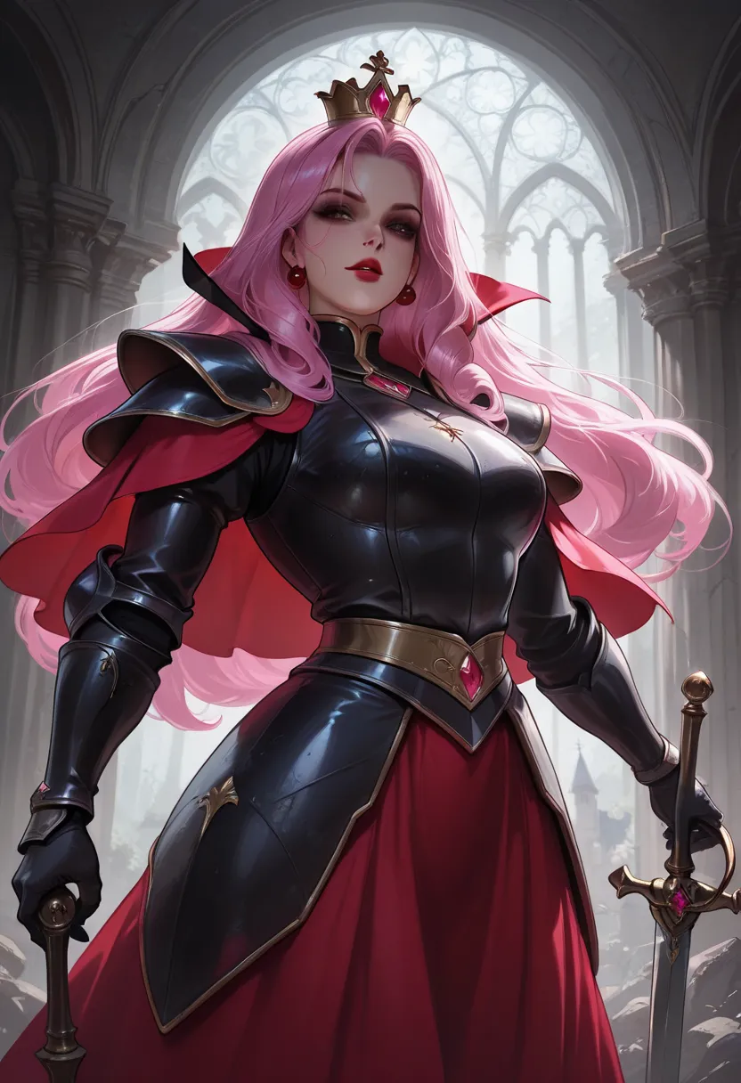 Disney pony, safe_pos, masterpiece, 
Beautiful pink Countess Dracula, dressed in black knightly armor, stands with a sword in a clearing, the background is her castle in the Carpathians, ultra-realistic details of the face and limbs