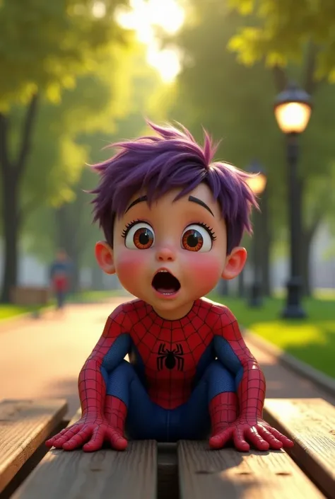 "A highly detailed and cinematic 3D-rendered image of a young boy dressed in a Spider-Man suit, sitting on a wooden park bench with a shocked and surprised expression. His large eyes are wide open, and his mouth is slightly agape. He has short, messy purpl...