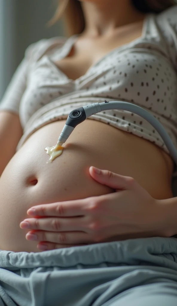 A fixed camera shot from the perspective of an ultrasound device's probe, moving smoothly over the pregnant woman's abdomen. The camera is attached to the ultrasound probe, maintaining a close-up, first-person view as the device slides gently across the sk...