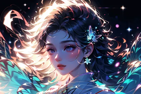 masterpiece, beautiful, a woman, curly black long hair, firefly, surreal, elegant, glowing, mystical, feminine, nature-inspired, ethereal, detailed, bright colors, magical, surreal, detailed, japanese-inspired, serene attitude, peaceful, whimsical