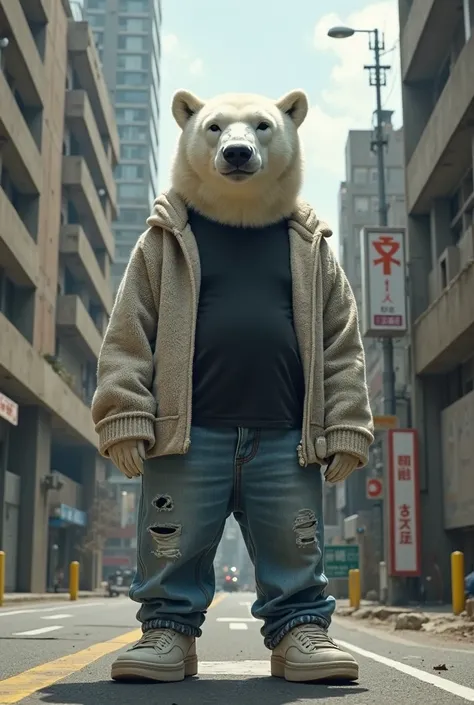 A Japanese polar bear wearing a black shirt, standing jeans, a pocket, a sweater, a square sneaker, is in a brutal city.