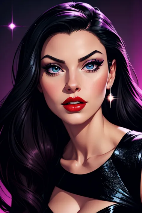 A portrait of a beautiful female whose facial features are a combo of Aria Giovanni + Grace Phipps. The female's hair is untied and hangs loose. The female wears a sparkly black evening dress and black high-heeled shoes. The female has lovely makeup on her...