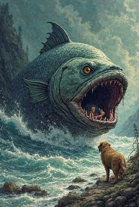 comics type of art. a dog howling agaist a big monster fish that swallowed a man in the river. the dog in angry. not too cartoon style art