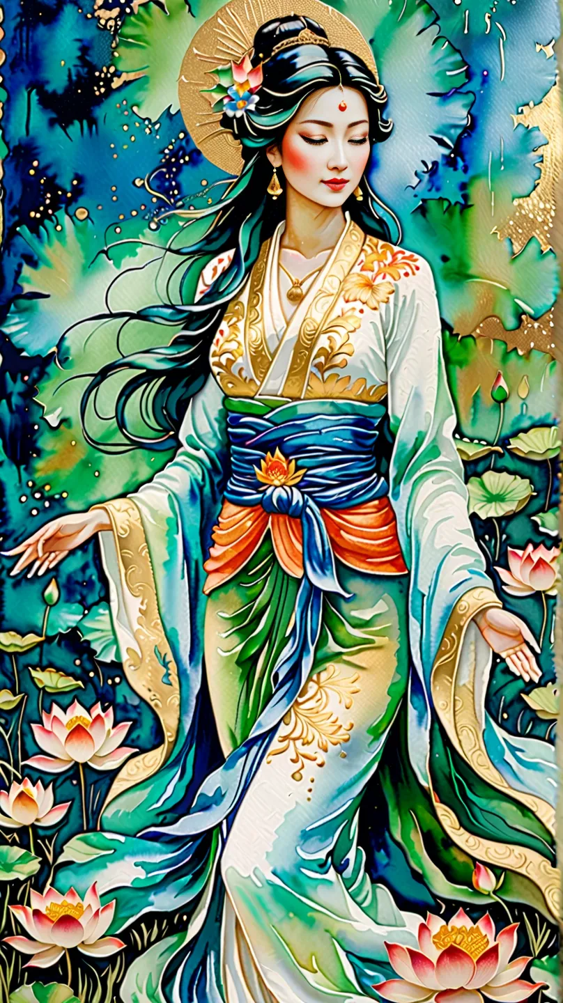 A beautiful quan yin. dressed in a white, and blue outfit with floral embroidery. Her clothes blend seamlessly into vibrant watercolor splashes of blue, green, and orange. Stand on tge lotus that merges with the watercolor background. creating a dynamic an...