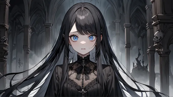 (걸작,  Premium ,  very aesthetic , 4K、Illustrations), ( beautiful girl)、,(gothic horror dark fantasy atmosphere),Exquisite Details, 1 female,alone,(dramatic)、 (stand ),(swept bangs)、(long hair)、,(Upper body)、 Cute girls 、droopy eyes、( Face of fear ), 、(Goth...