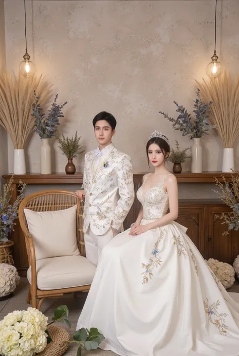 A Chinese Young Couple, Wearing a luxurious western style wedding dress in white, with gold and blue sequins
Ultra detail of photography studio with a beige rustic-textured wall, adorned with towering cream-colored pampas grass in the corners. A wooden she...