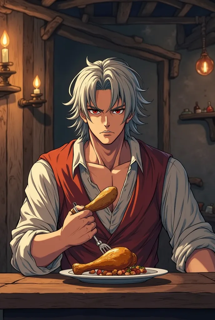 In the image it's night in a rustic tavern, A strong and serious man, man with medium silver hair and red eyes stands out, Sitting eating alone, holding a chicken leg, Wearing a peasant outfit. anime style,  Shonen Jump-style illustration.