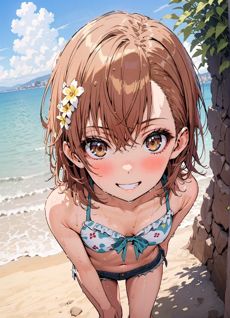 Mikoto and Misaka, Misaka Mikoto ,Alone, short hair, brown hair, hair ornaments close to the garden, hair flower, brown eyes, brown skin,Ruffled bikini swimsuit,denim micro shorts,Bare legs,smile,blush, grin ,Bare legs,standing,wet skin,wet hair, wet swim...