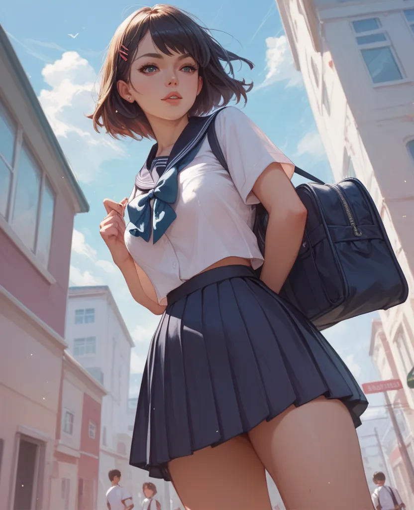 Girl, straight angle from the back, in school uniform, Art anime