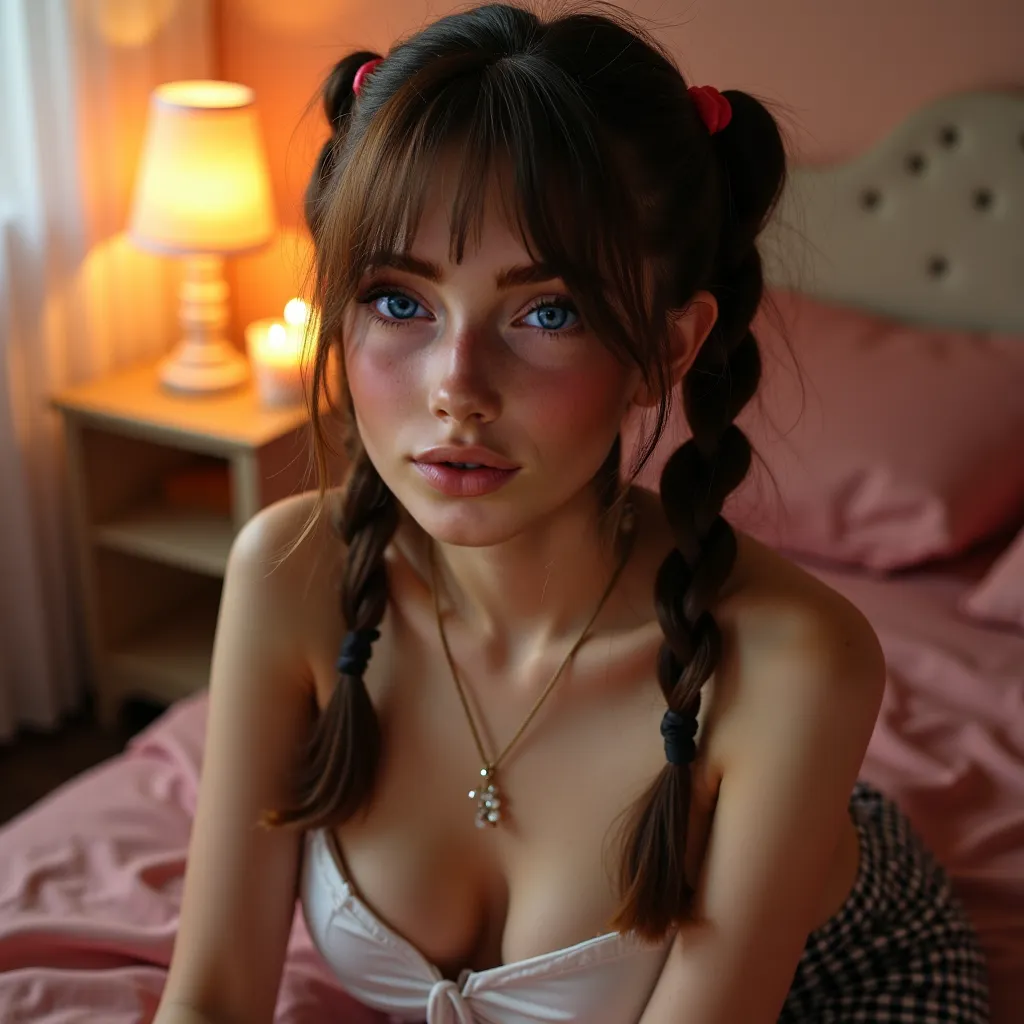  1 girl,  sexy 18 year old , pigtails,  beautiful face, gorgeous,  beautiful,  beautiful,  beautiful face, pale skin, parts, brown hair ,  full and shiny lips ,   big lips,   thick lips,  half-open lips  ,   light pink lip gloss  , a mask, skinny thighs, m...