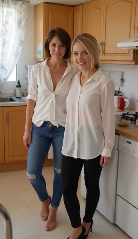 {Mère sexy âgée de 40 ans, Athletic , brown short hair, Taille 69 pouces, jeans et blouse outfit, Heels} et {Femme mignonne âgée de 39 ans, blond ponytail, Taille 66 pouces, leggings et blouse, Heels} dans la cuisine, posant face à la caméra