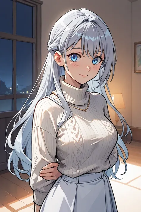 silver hair,long hair,white knit,white skirt,blue eyes,High Precision