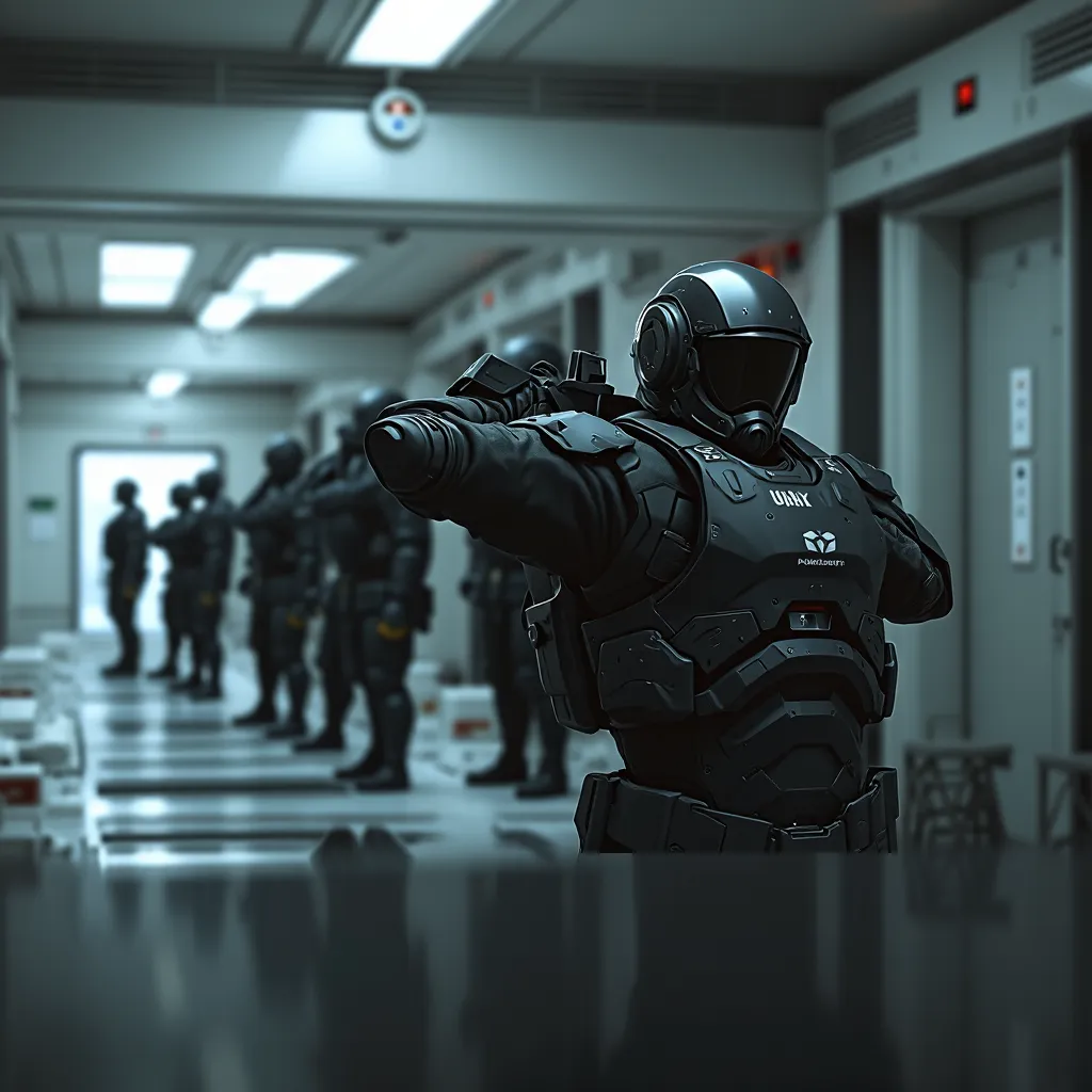 Futuristic senior officers in dark black ballistic armor (with light scuffs and scratches), tactical helmet and unobtrusive military hawk logo, Conceptual Style (concept art), semi-profile, cinematic lighting, 8k, hyper-realistic, intricate detailing, shar...