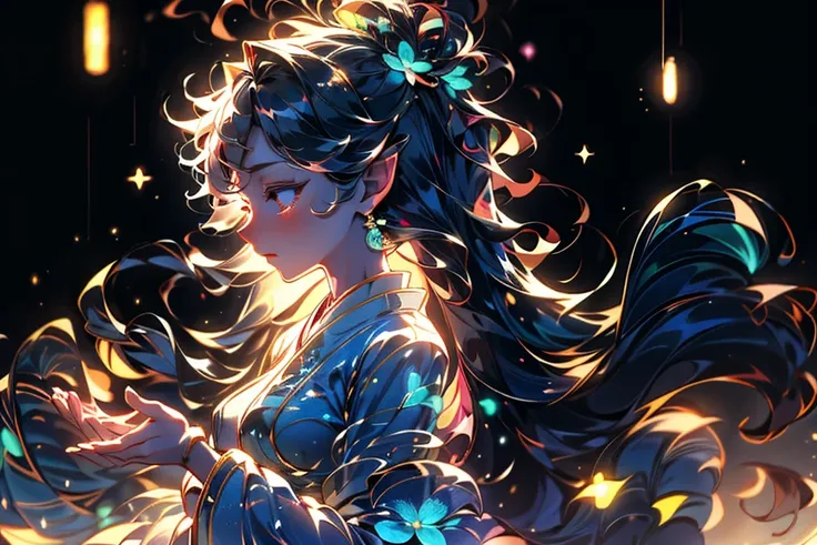 masterpiece, beautiful, a woman, curly black long hair, firefly, surreal, elegant, glowing, mystical, feminine, nature-inspired, ethereal, detailed, bright colors, magical, surreal, detailed, japanese-inspired, serene attitude, peaceful, whimsical