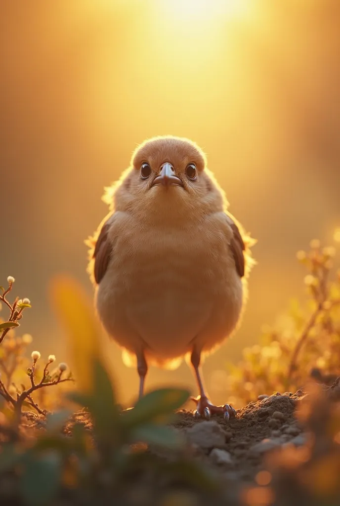 A charming close-up portrait，Showing a beautiful bird， Illuminated by soft golden light in the quiet morning， The bokeh softly frames its petite body