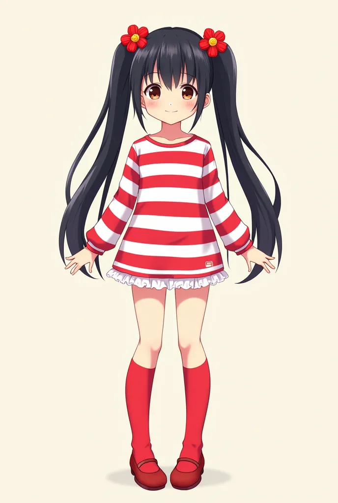 Striped shirt red horizontal and white with black hair into two long pigtails with straight hair in the back with red shoes knee length socks two red dainty flower bows on the side anime posing 