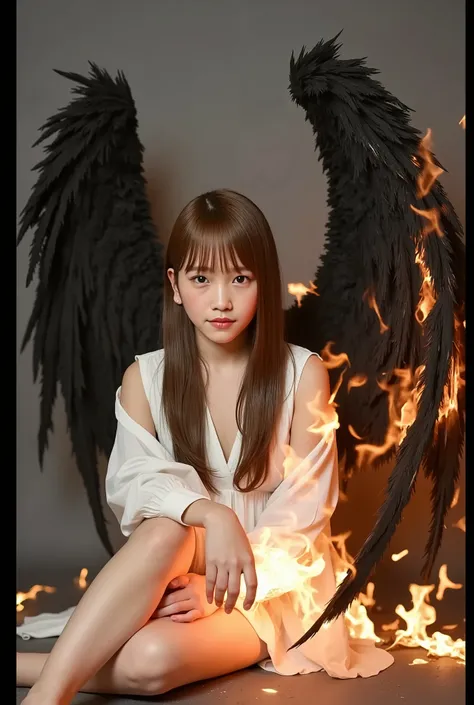 1 girl, angel,black angel wings,Wings engulfed in flames、white tunic ,((( Red Eyes))),is sitting,Raise your right knee,Place your right elbow on your right knee,((( dark space))),