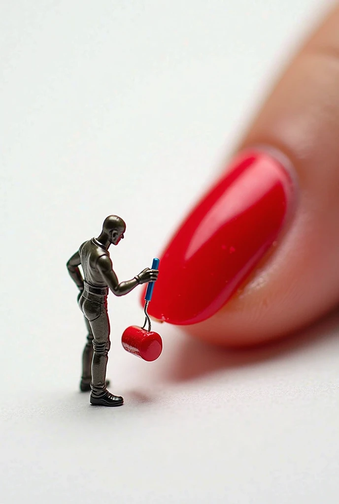 A tiny figure painter holding a paint roller, painting a large fingernail with bright red nail polish, macro photography, realistic details, white clean background.