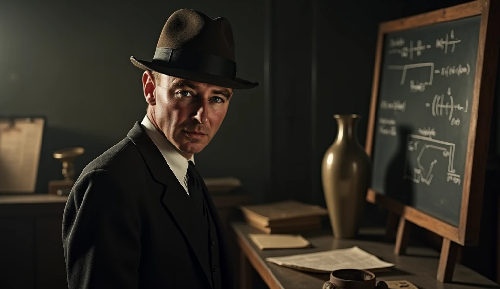 "A hyperrealistic, ultra-HD cinematic portrait of J. Robert Oppenheimer during the Manhattan Project. He stands in a dimly lit laboratory, wearing a dark suit and his signature fedora hat, deep in thought. His sharp eyes reflect the weight of responsibilit...