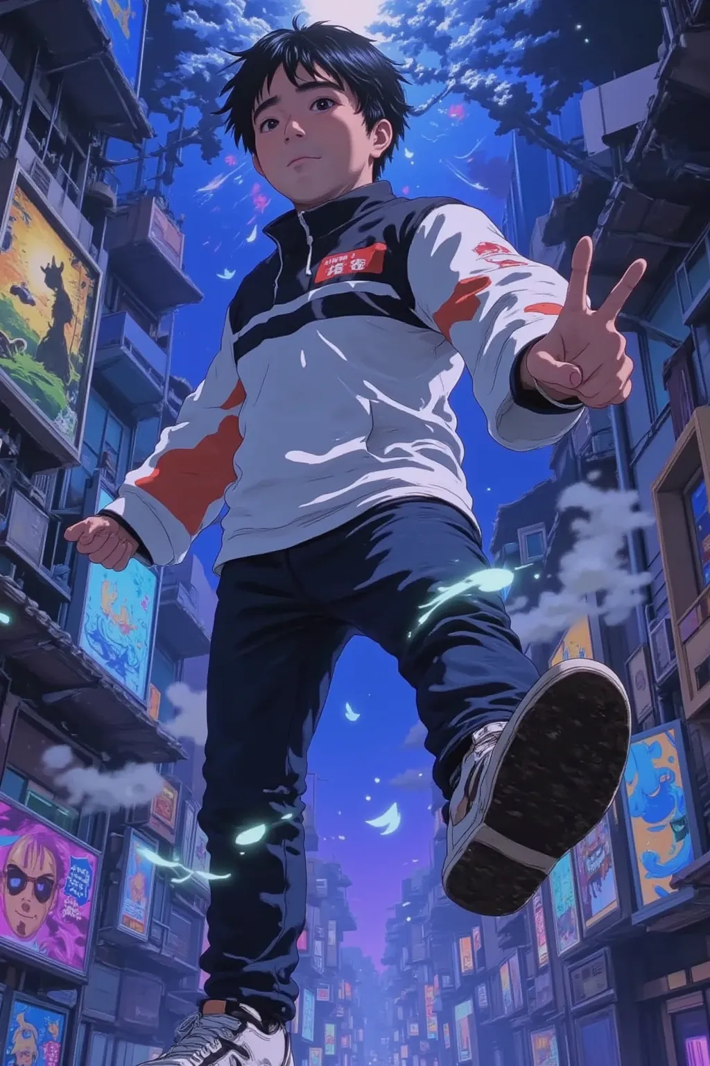 high resolution, rich contrast, best quality, anime style, Yossan , 1boy  , alone, (full body) 
break 
((Portal)), neon, cyberpunk,  blue and purple lights , digital vortex,  young man, surprised expression, open your eyes wide, reach forward, Feet floatin...