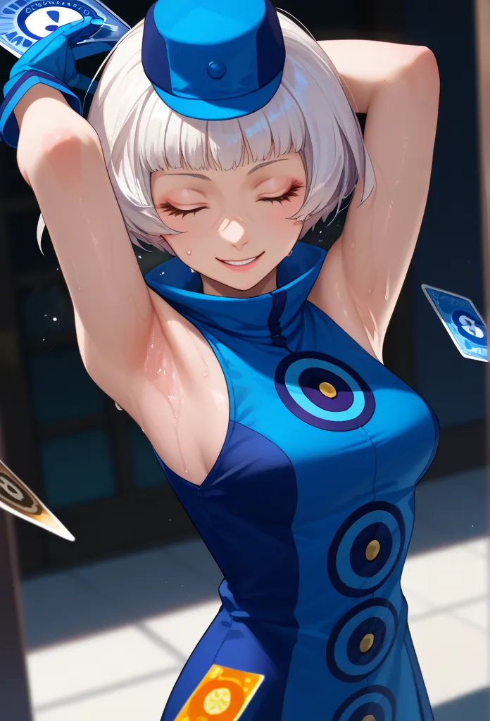 score_9, score_8_up, score_7_up, solo, 1girl, p3elizabeth, slight smile, looking at viewer, standing, holding card, hat, blue dress, sleeveless dress, blue gloves, black pantyhose ,spread armpit, arm up, armpit, lay hand on own armpit, smile, closed mouth,...