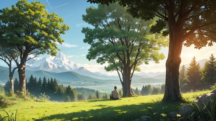 A beautiful green meadow with one big tree in the center of the picture. Around it is a meadow. In the distance there are mountains, there are forests, streams, quiet atmosphere, little clouds, sun splashing, birds in the sky and men meditating under the t...