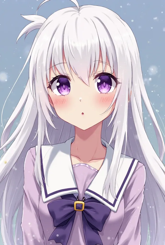 Make a girl with white hair, purple eyes and who is pouting. All with an anime style just like the anime " majo no tabi tabi " and that the image can be used perfectly for an Instagram profile picture.