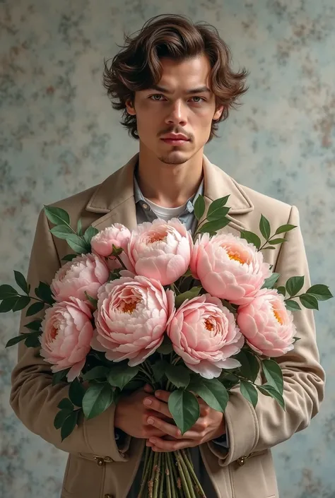 Harry Styles hand holding a bouquet of peonies (photorealism)