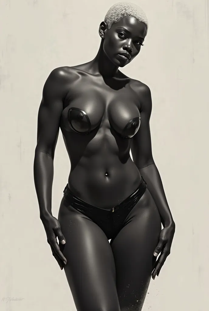 Imagine a nude, African woman with a white-dyed buzz cut, large breasts, black nipples, thick thighs, wide hips and muscular legs. Nude. Naked. Unclothed.