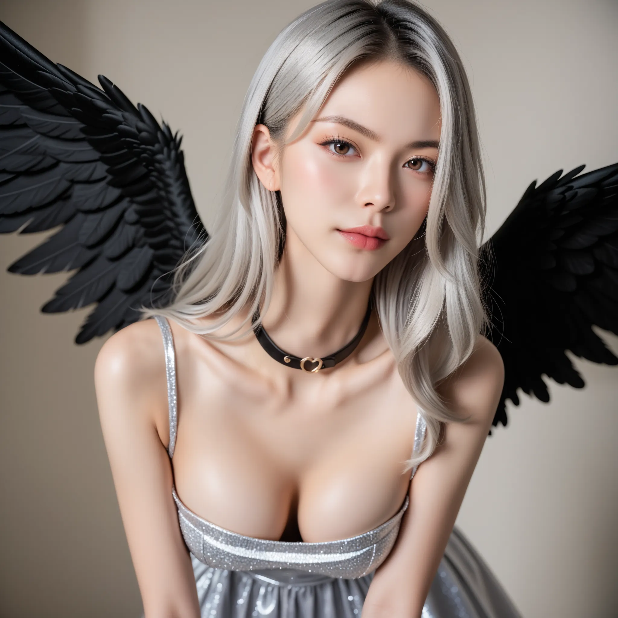 (((score_9, score_8_up , score_7_up , masterpiece, Ultra high definition，Highest quality, best quality, Sup er detailed, ultra-high resolution, realistic, Photorealistic, RAW photos, 8k))), NSFW, (fallen angel:1.3),Black Angel Wings, silver hair, (covering...