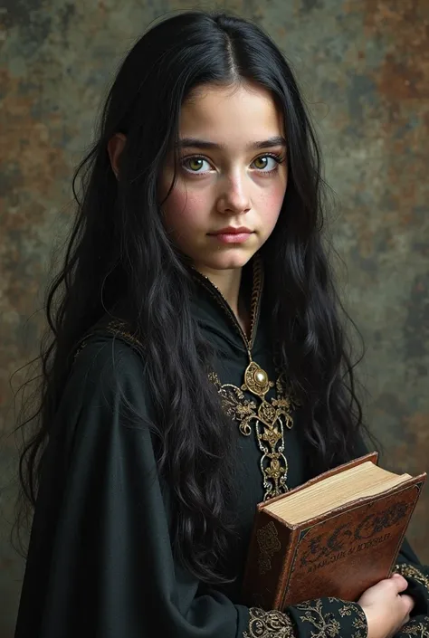 Young girl wearing (A daughter of Severus Snape: (European girl, black hair, green eyes)) , black hair, a scar on my face and violet eyes,  medieval clothing,  holding books